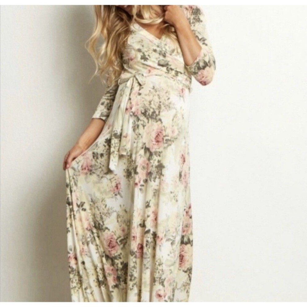 Pink Blush Floral Maternity Maxi Dress Belted Ivory Pink Green Lined NWT